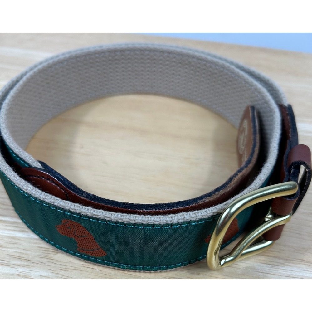 Leather Man Ltd Belt Mens 36 Green Brown Dog Motif Surcingle Canvas Brass Preppy